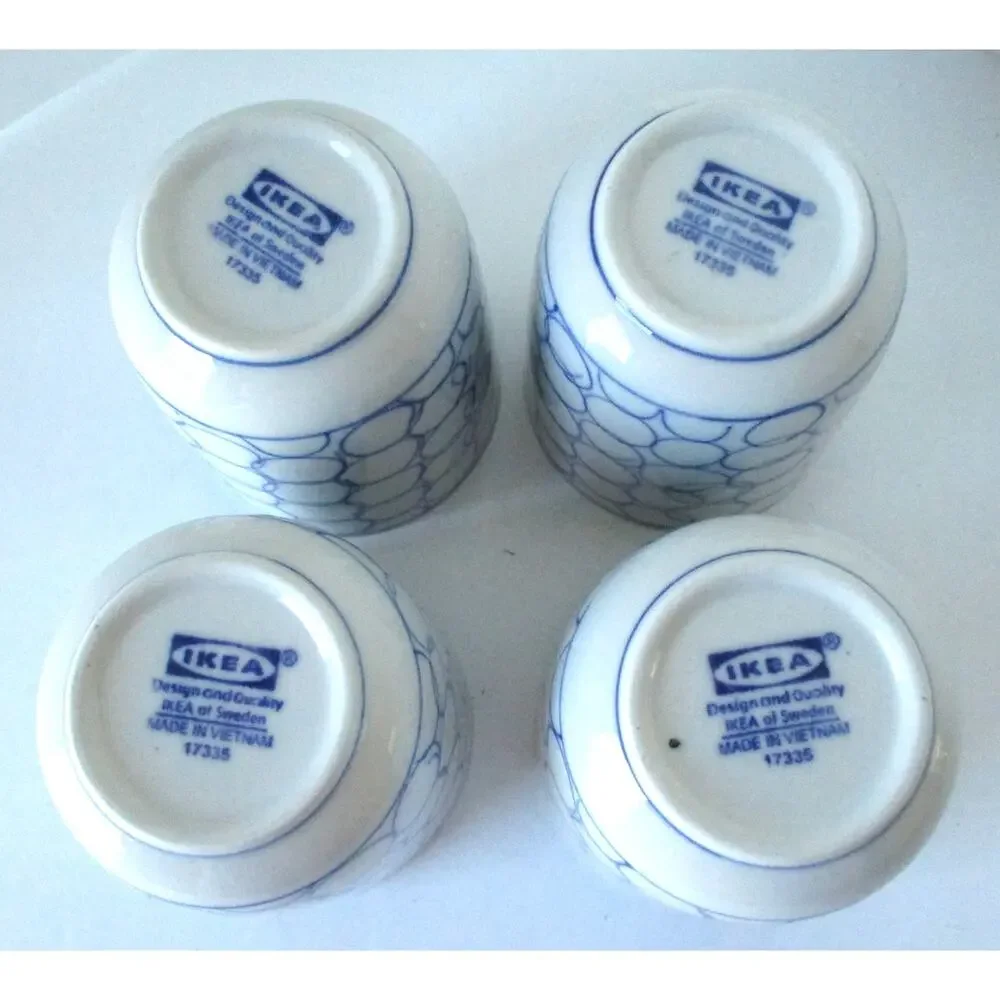 Ikea White & Blue Ceramic Tea Coffee Cup Mug Tumbler 8oz Set Of 4